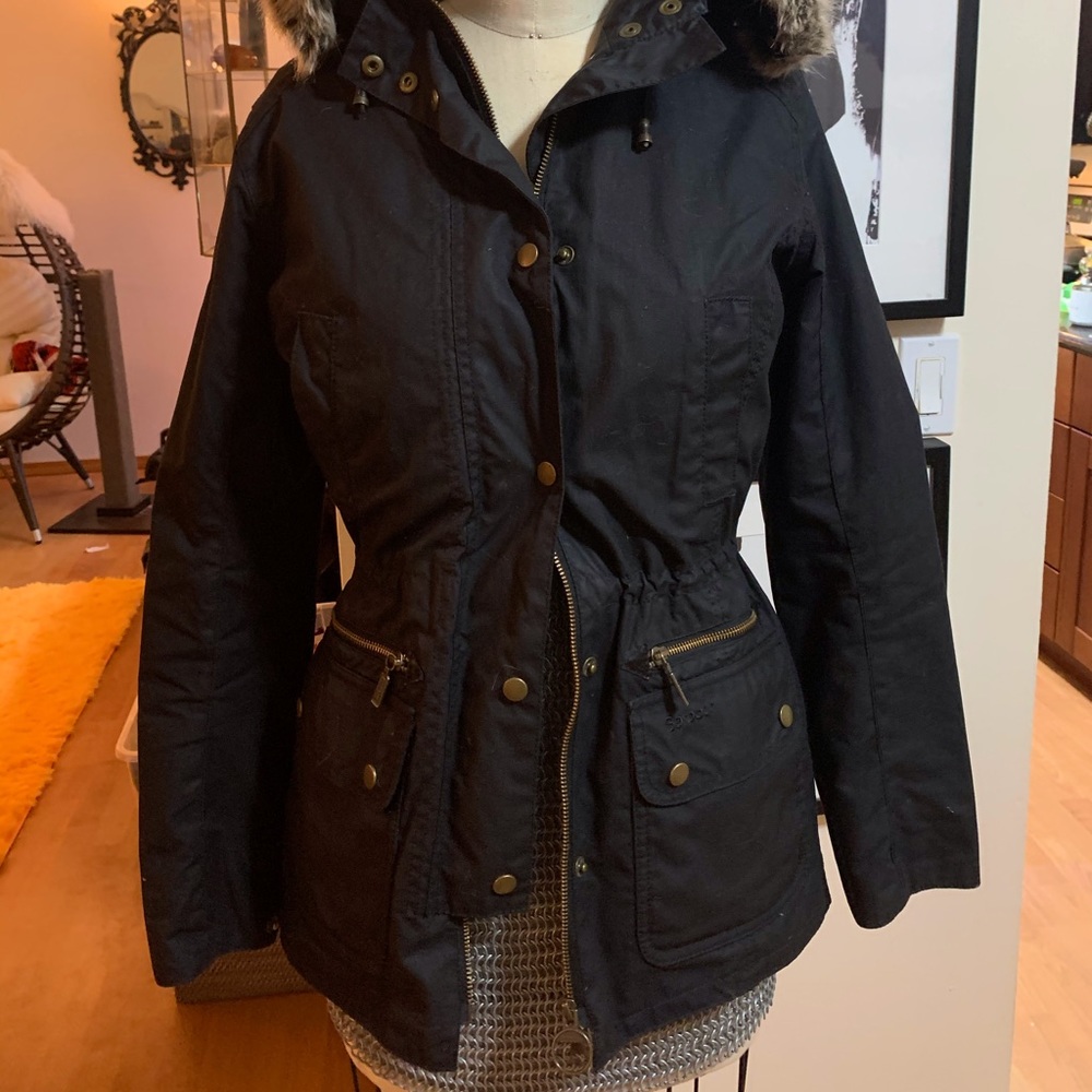 Barbour Waxed Cotton Fur Hooded Tartan Jacket